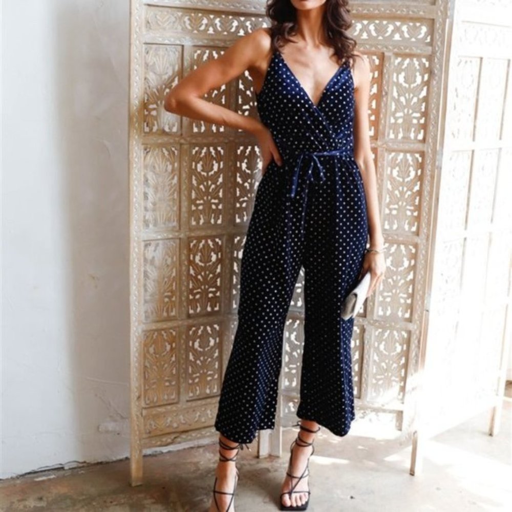 Contemporary Navy polka-dot Velvet jumpsuit - Picture 3 of 5